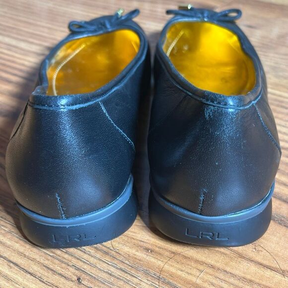 Lauren Ralph Lauren Black Leather Ballet Flats With Gold Toggles & Bow - Picture 5 of 6